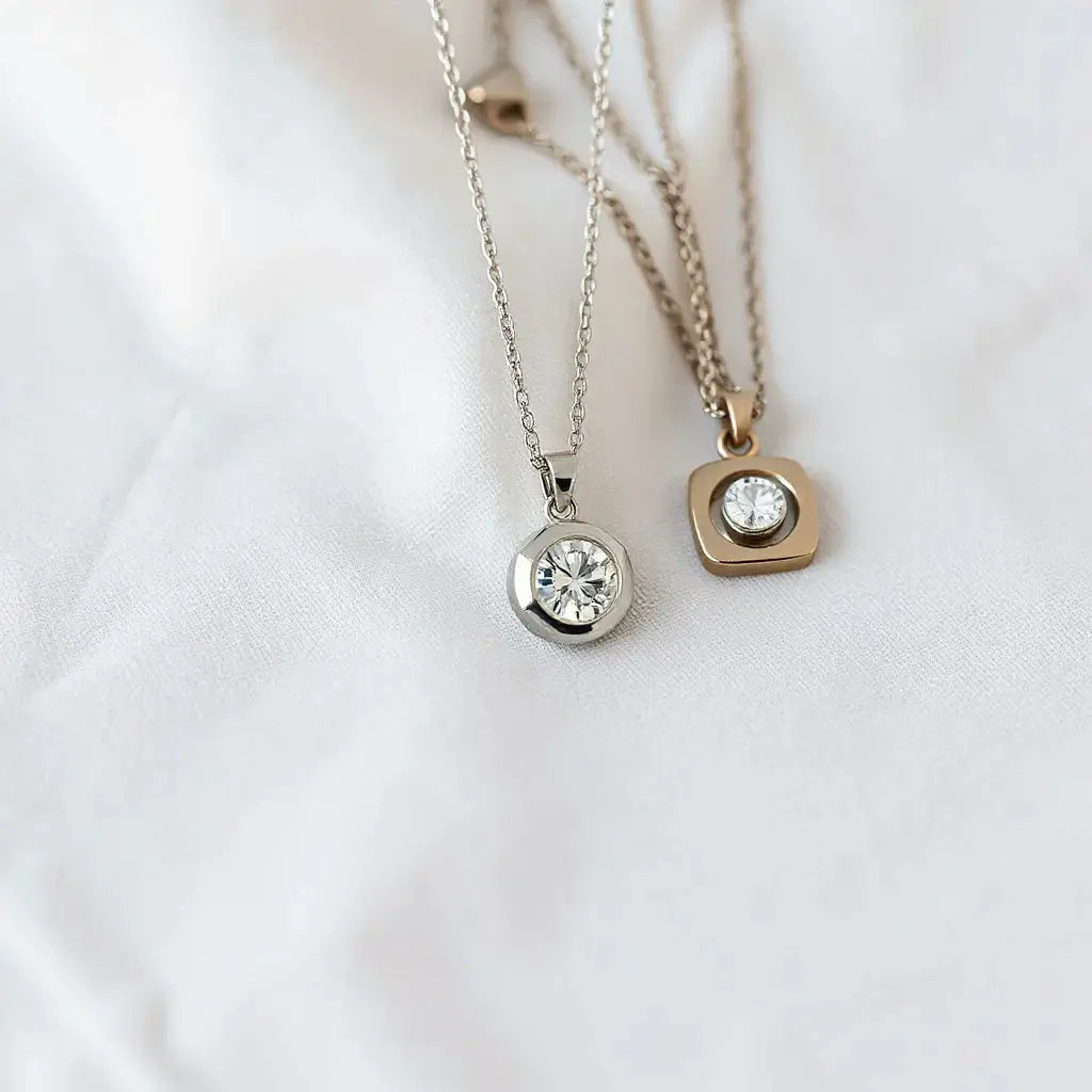 Assorted diamond pendant necklaces with delicate chains on a neutral fabric background