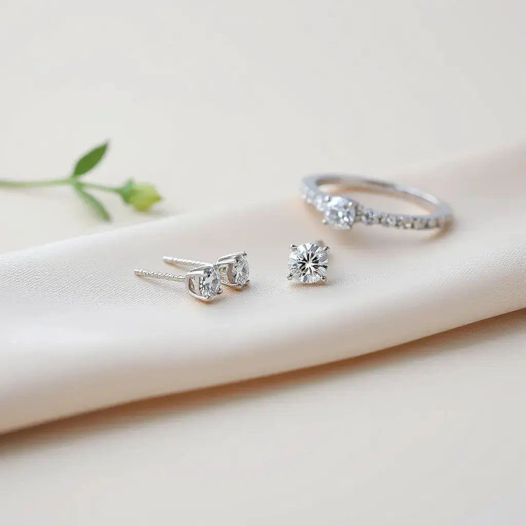 Luxury diamond earrings and bracelet with soft satin backdrop under gentle studio lighting