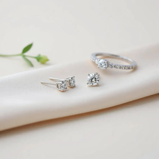 Luxury diamond earrings and bracelet with soft satin backdrop under gentle studio lighting