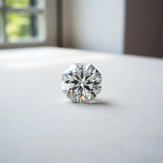 A Portuguese cut lab grown diamond with crisp facets on a neutral background under soft natural light