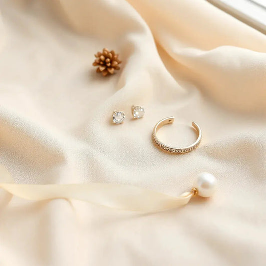 Delicate bridal earrings, bracelet, and ring arranged on neutral fabric with subtle pearl details