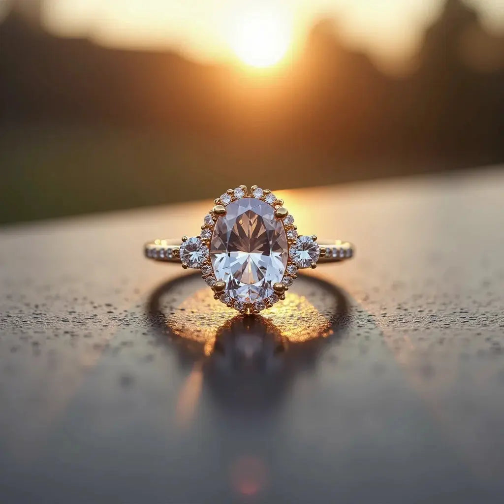 10k Oval Graduated Side Stone Engagement Ring - 10k Oval Graduated Ring with Side Stones for Engagement