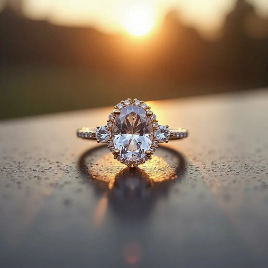 10k Oval Graduated Side Stone Engagement Ring - 10k Oval Graduated Ring with Side Stones for Engagement