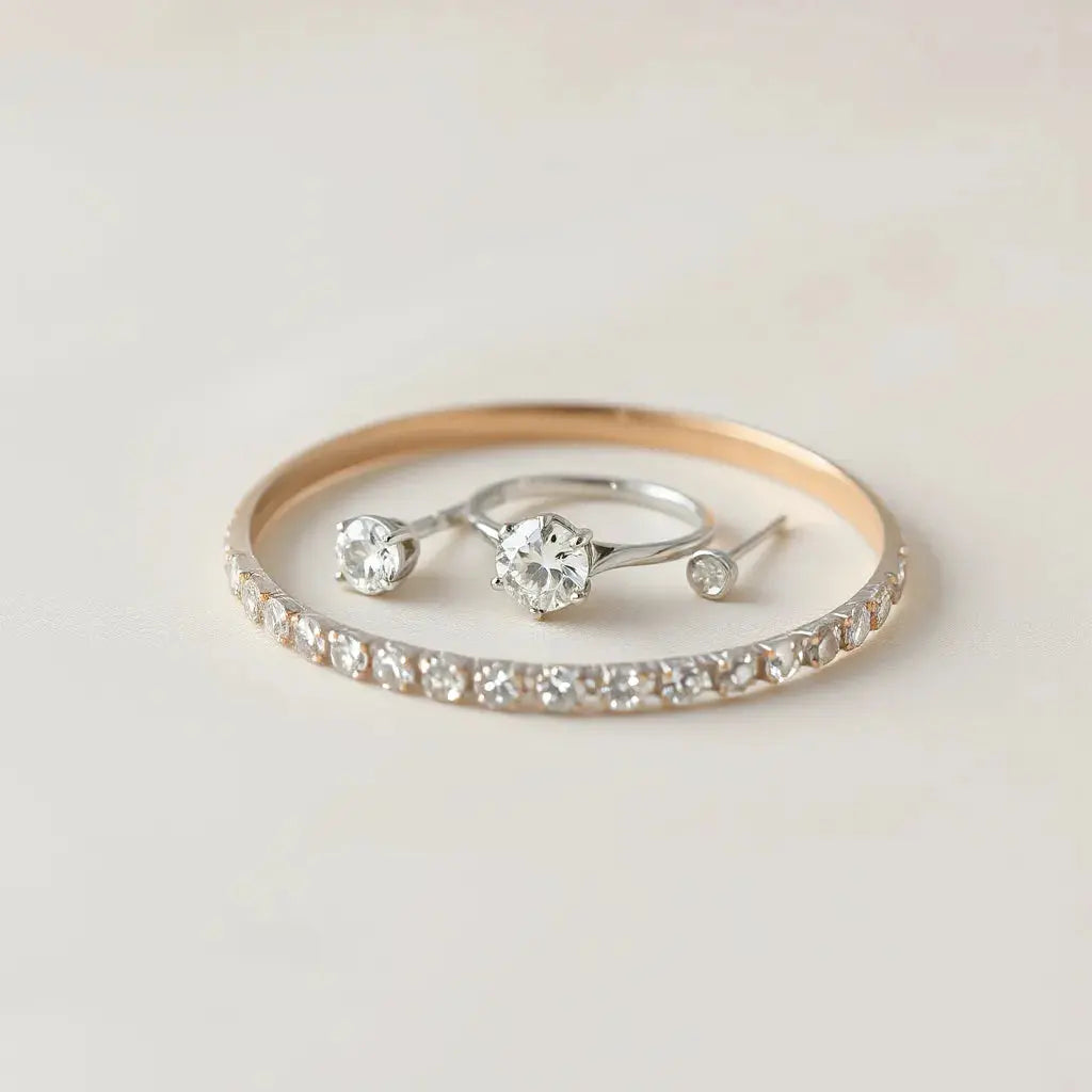 Minimal lab grown diamond ring, bracelet, and stud earrings arranged on a neutral satin surface