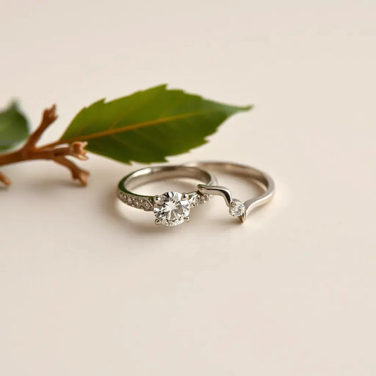 Elegant diamond rings on a neutral background, highlighting the setting and sparkling stones