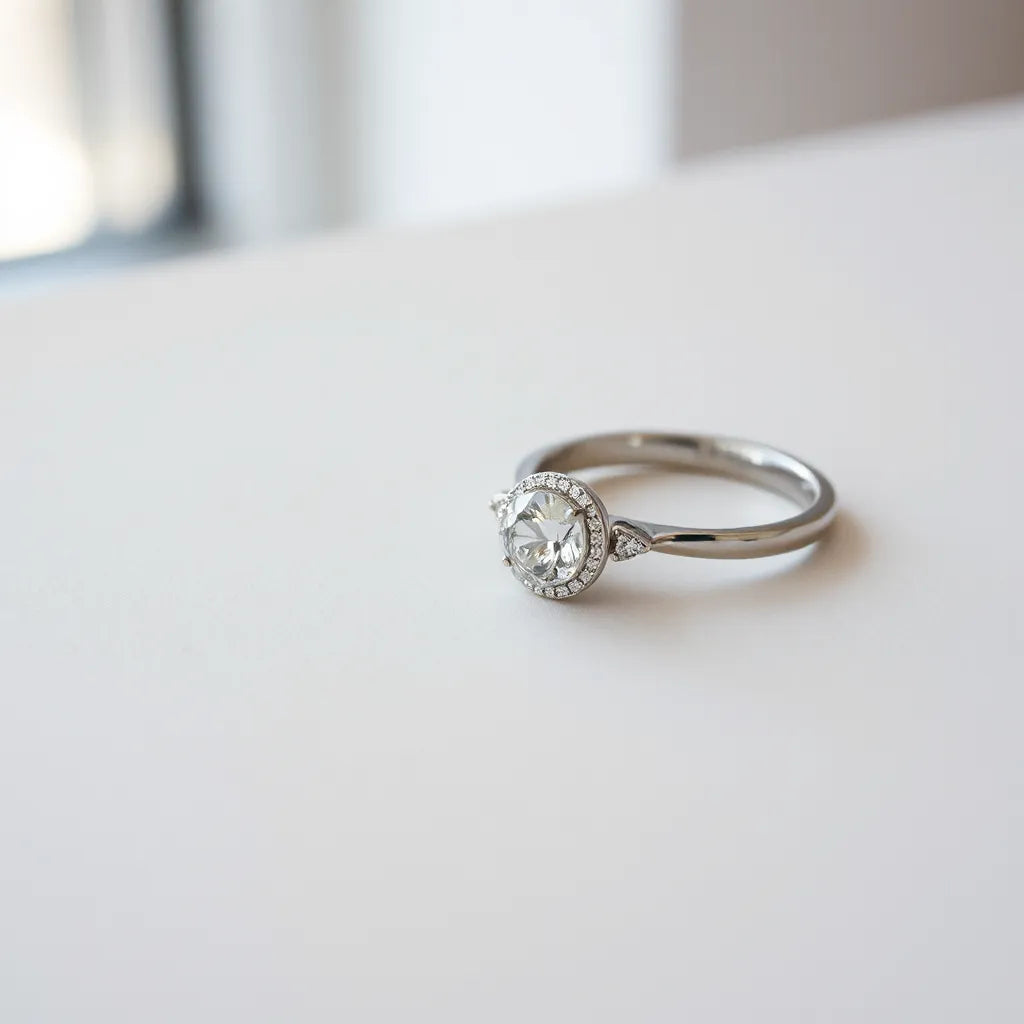 Modern engagement rings with sleek bands and a central diamond resting on a neutral background