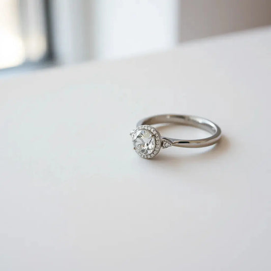 Modern engagement rings with sleek bands and a central diamond resting on a neutral background