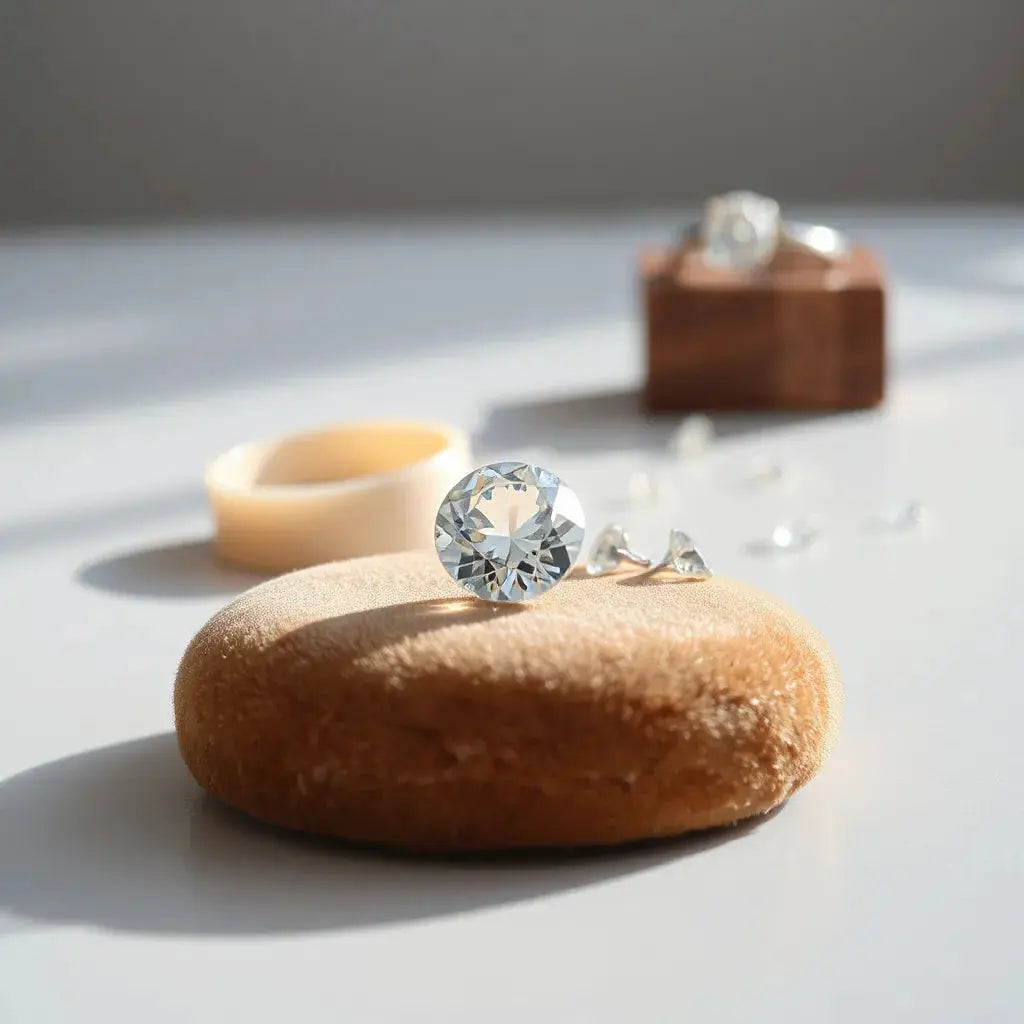 Lab-grown diamond and solitaire ring on a minimal velvet background with soft studio lighting