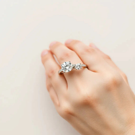 Two diamond rings with visible settings on a neutral background under soft studio light