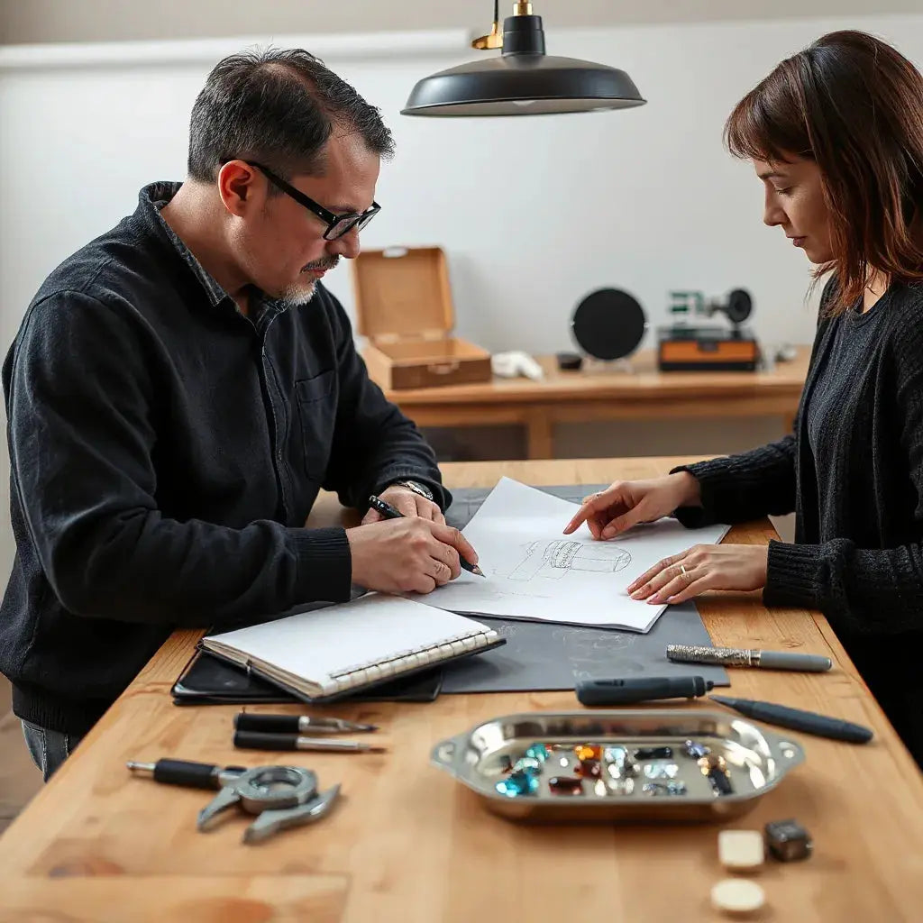 Jeweler and client reviewing a custom ring design with gemstone swatches and sketches on a workbench