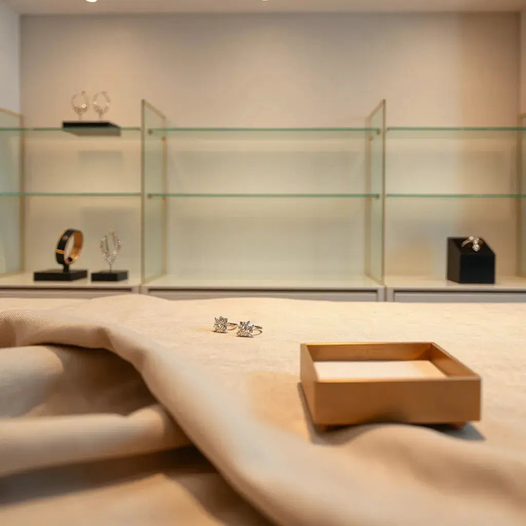 Neatly arranged fine jewellery on a lit display counter in a modern shopping mall store