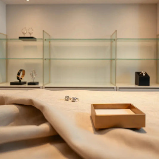 Neatly arranged fine jewellery on a lit display counter in a modern shopping mall store