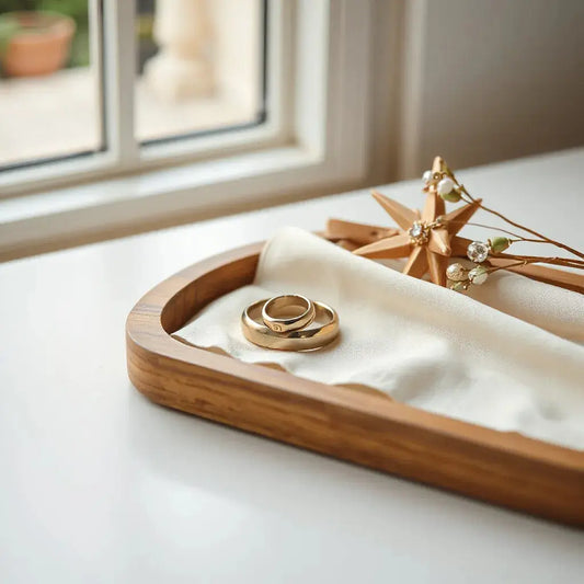 Two elegant wedding bands on neutral fabric with subtle engraved detail under warm natural light