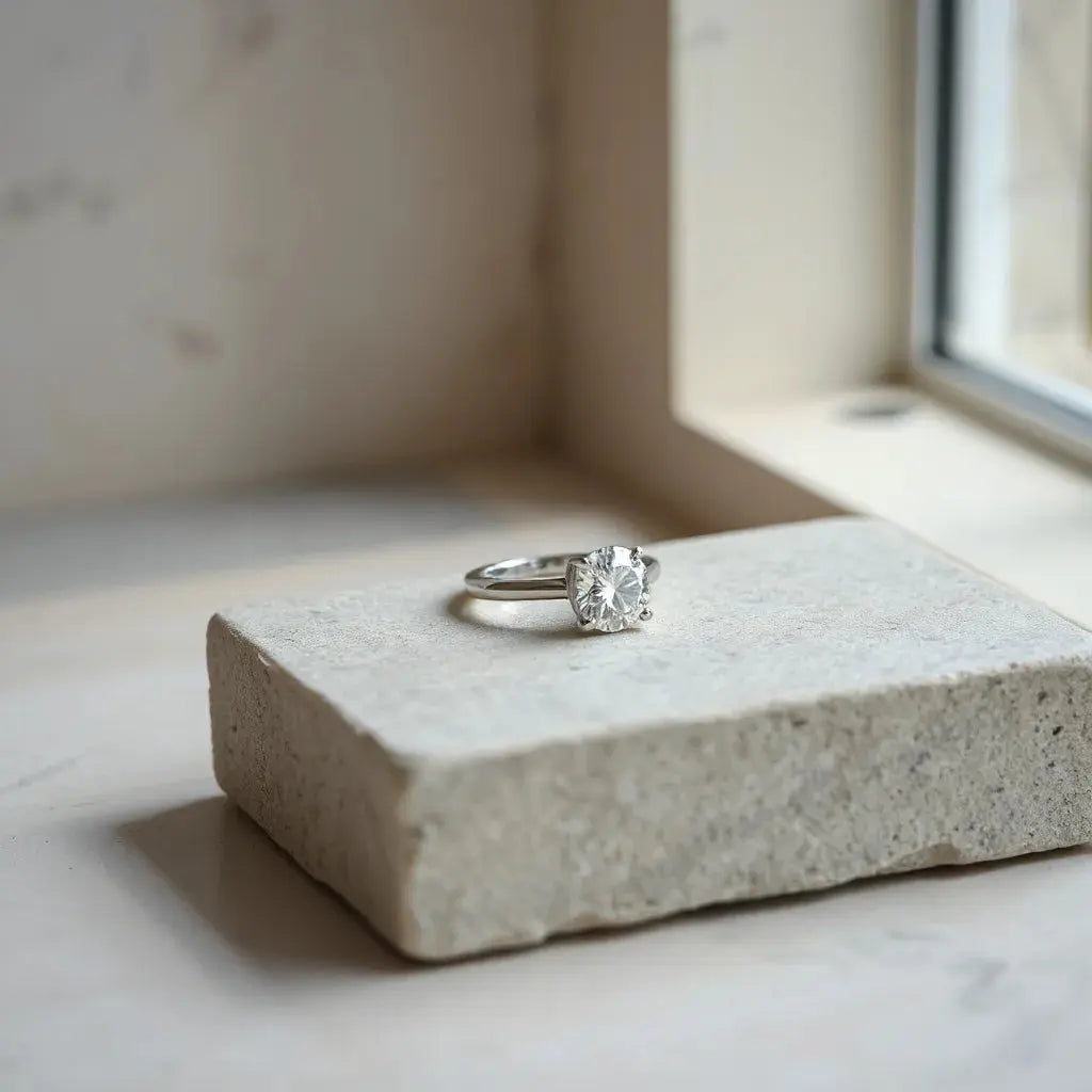 A modern engagement ring with a round diamond on a neutral stone surface under soft natural light