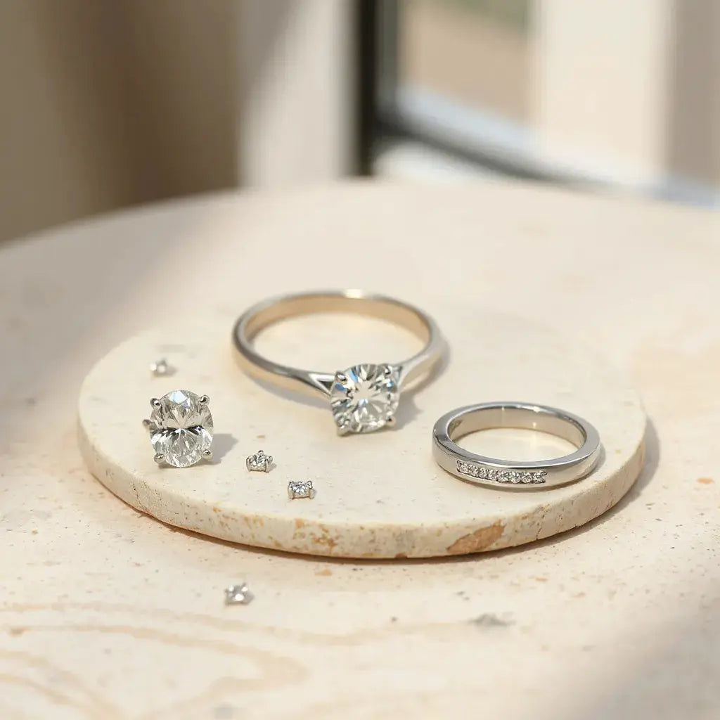 Modern diamond rings with sleek settings arranged on a neutral stone surface under soft light