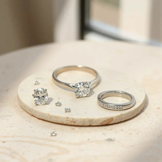 Modern diamond rings with sleek settings arranged on a neutral stone surface under soft light