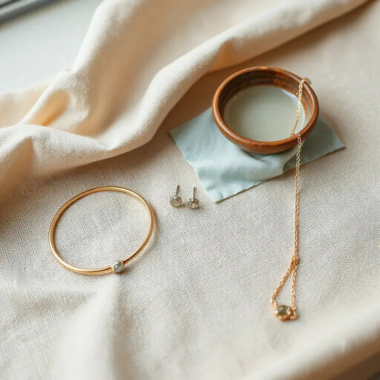 Assorted designer jewellery laid out with a cleaning cloth and gentle water for care