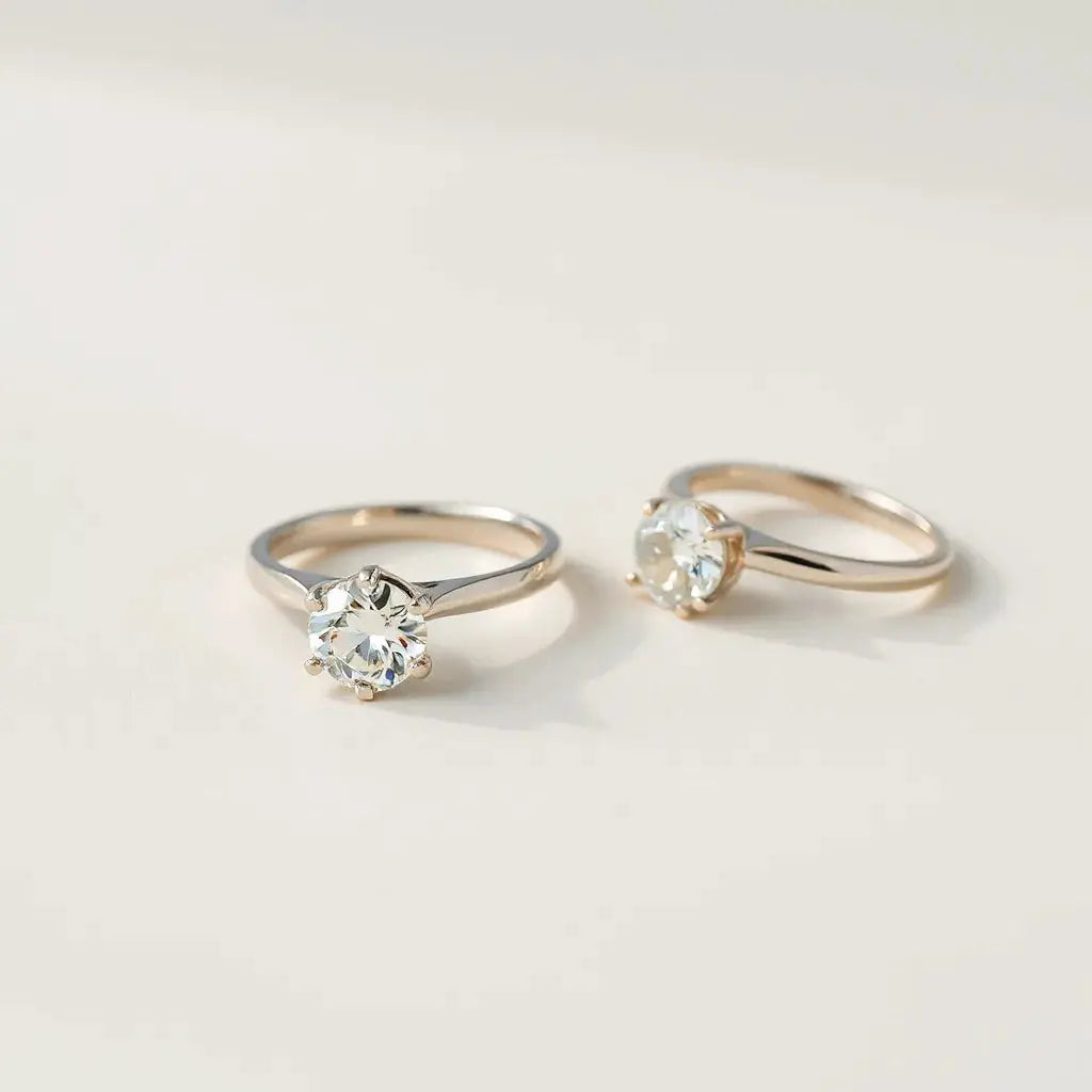 Two solitaire engagement rings with round diamond center stones and slim bands on a neutral background.