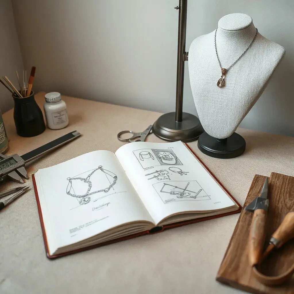 Jeweller’s workbench with a sketchbook, tools, and a partially crafted pendant on a mannequin stand
