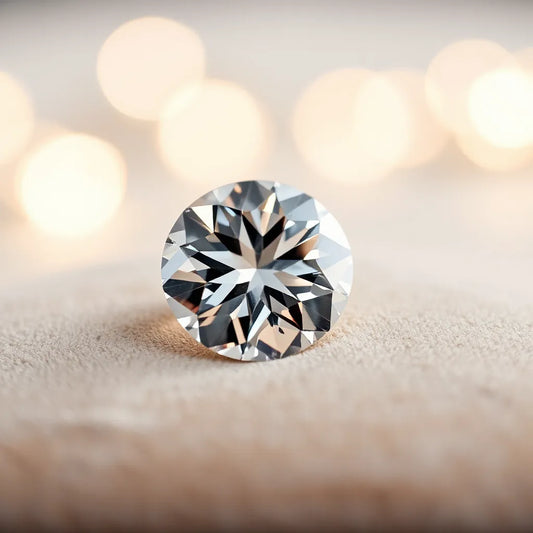 Lab grown Portuguese cut diamond showing crisp facets on neutral velvet with warm studio lighting