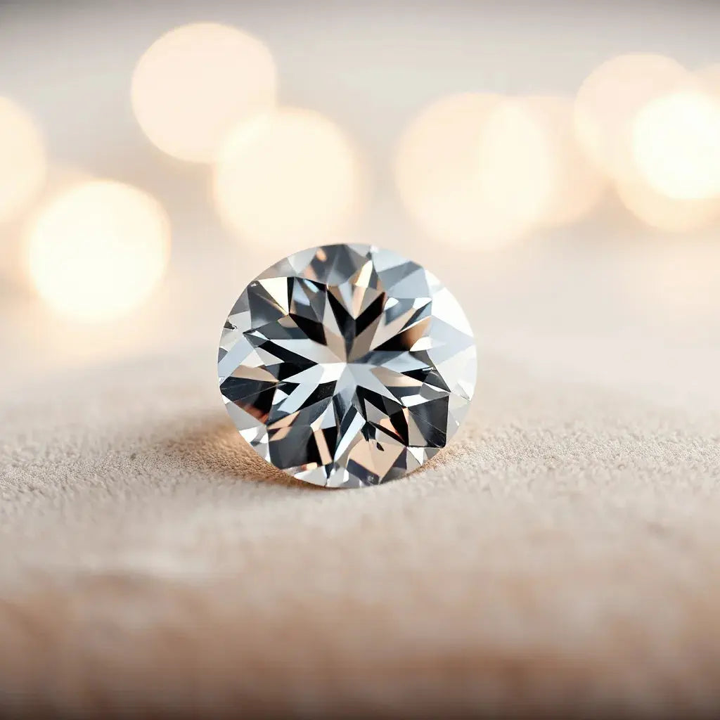 Lab grown Portuguese cut diamond showing crisp facets on neutral velvet with warm studio lighting