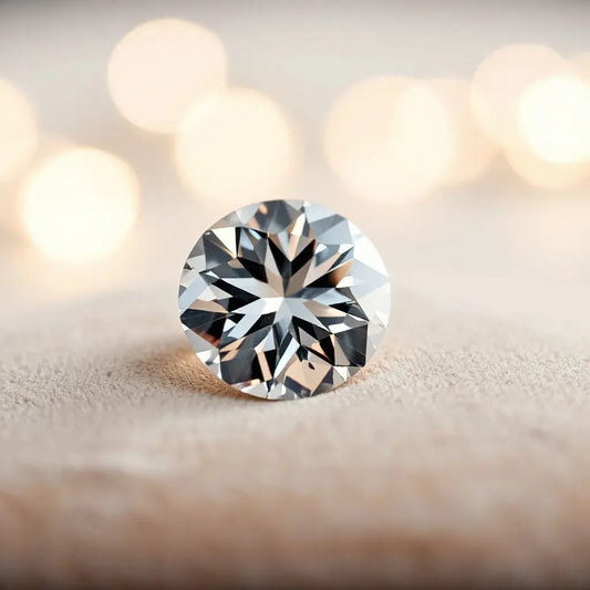 Lab grown Portuguese cut diamond showing crisp facets on neutral velvet with warm studio lighting