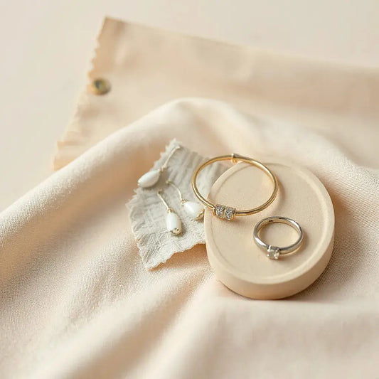 Assorted elegant jewelry pieces including earrings, a bracelet, and a ring on a neutral background