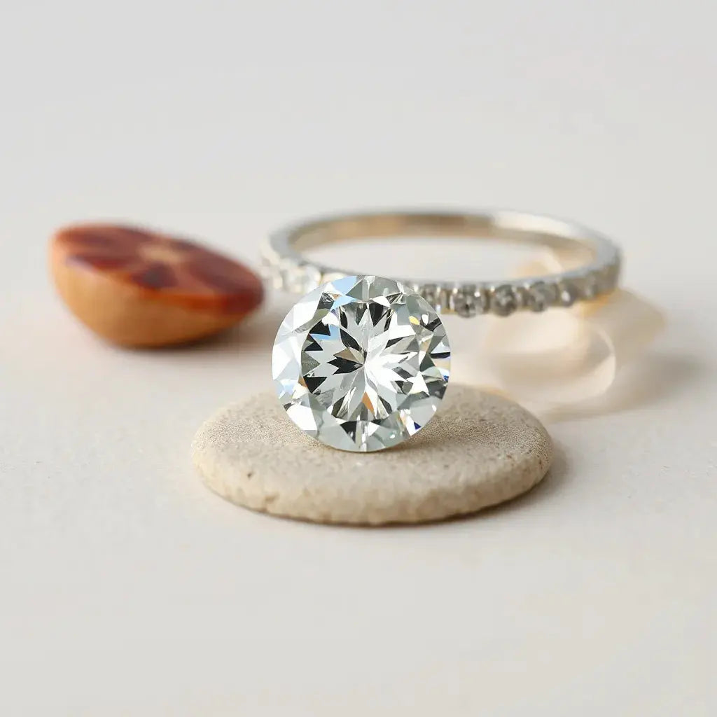 Lab grown diamond gemstone with subtle sparkle on a neutral background, with jewelry pieces softly blurred behind