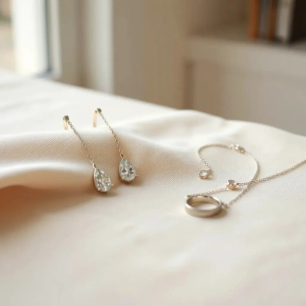 Bridal earrings, necklace, bracelet, and a wedding ring arranged on soft neutral fabric