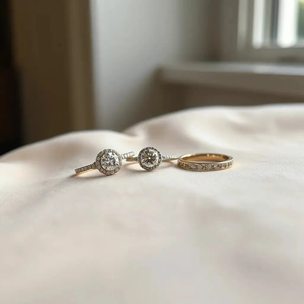 Two engagement rings with a sparkling center stone on a neutral fabric background