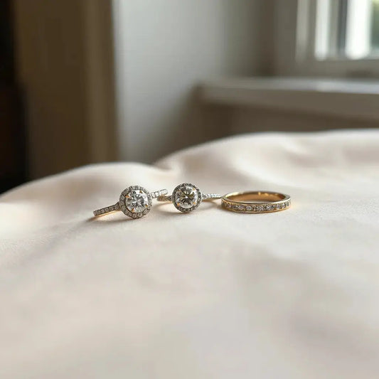 Two engagement rings with a sparkling center stone on a neutral fabric background