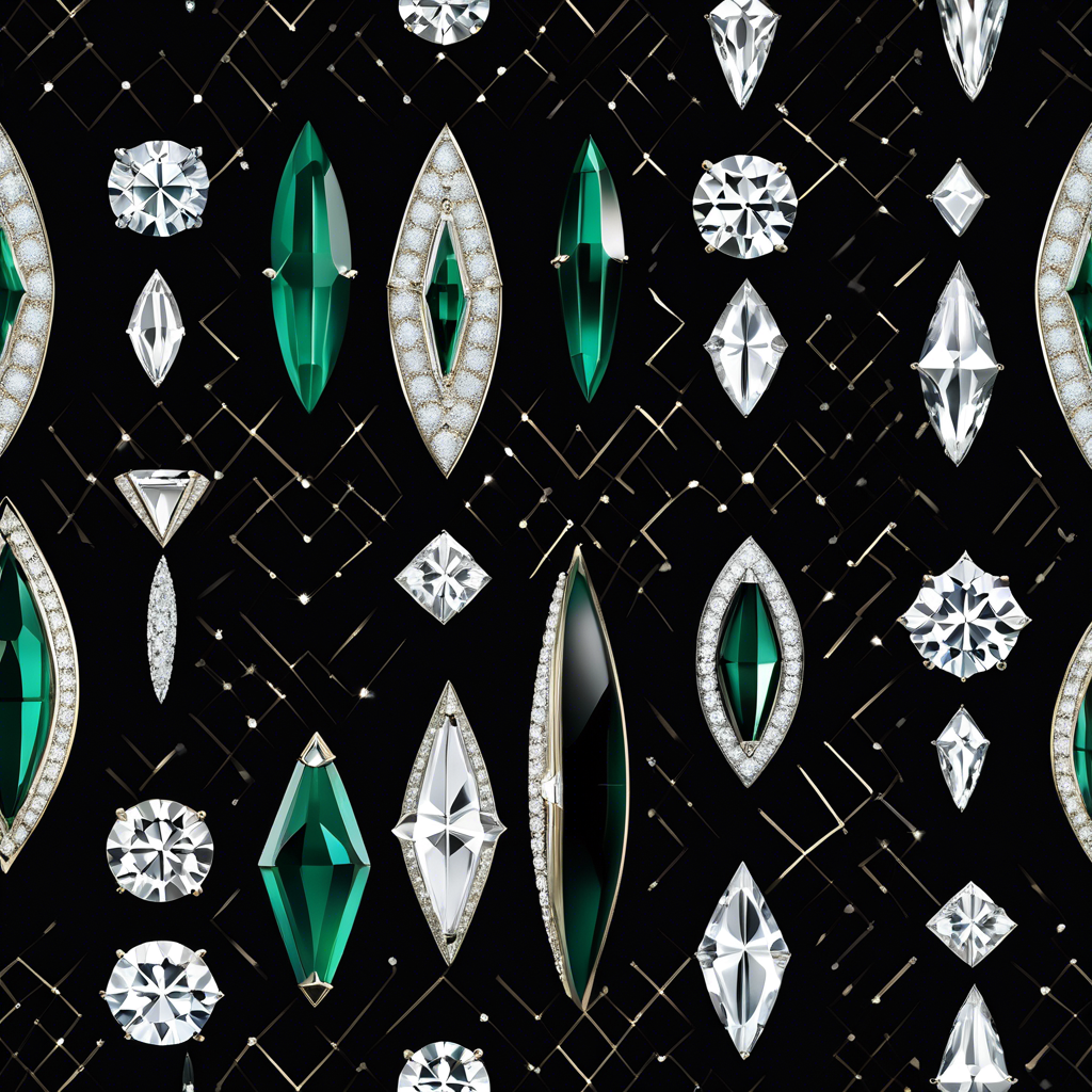 A stunning array of diamonds and emeralds in various cuts, including marquise, round, and kite, highlighting popular Portuguese diamond shapes.