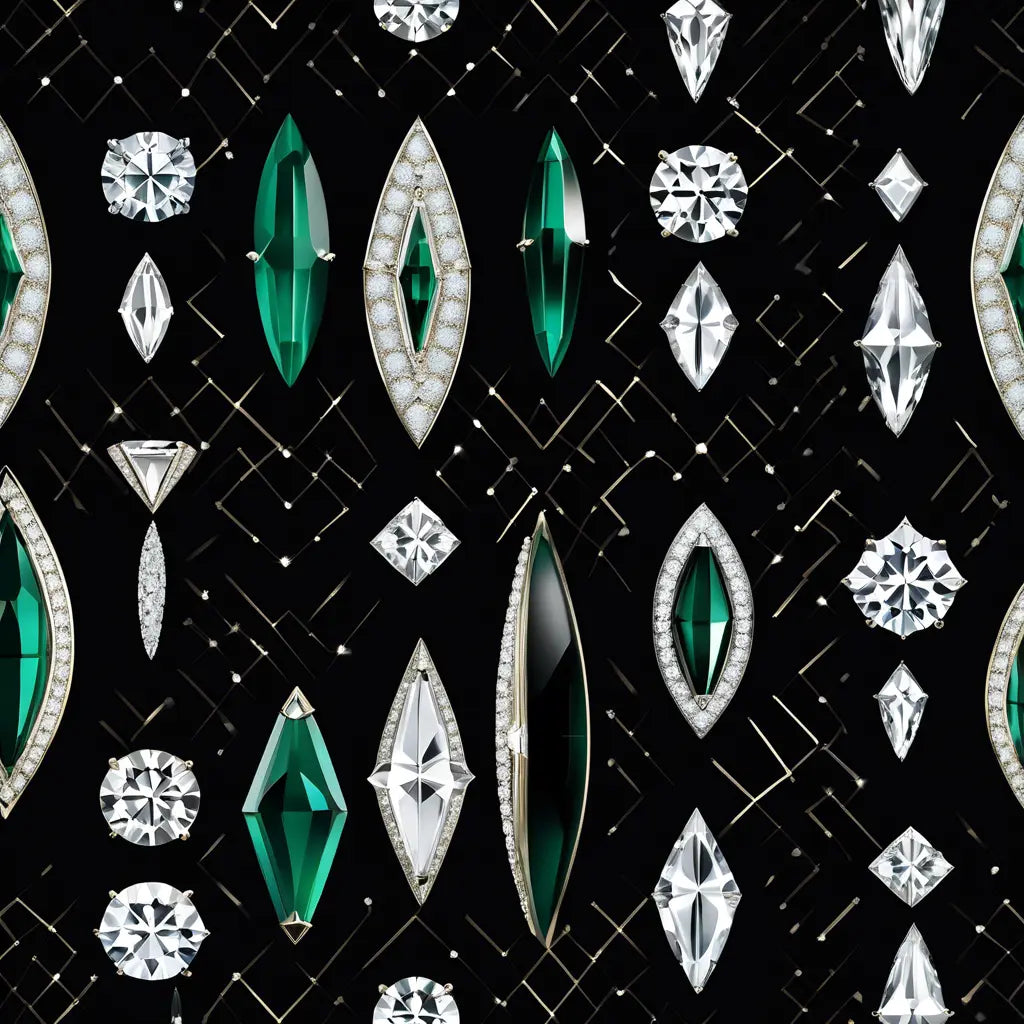 A stunning array of diamonds and emeralds in various cuts, including marquise, round, and kite, highlighting popular Portuguese diamond shapes.