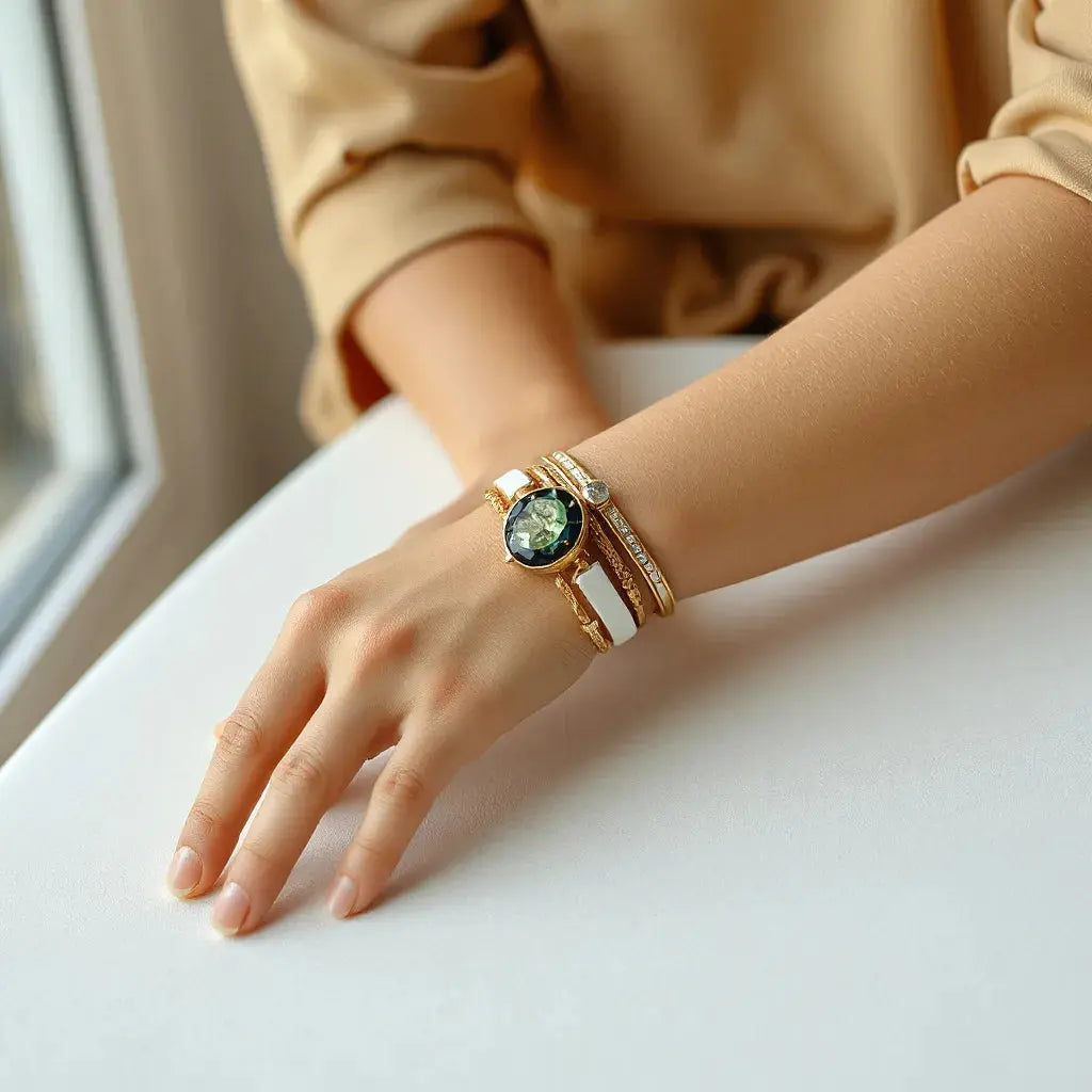 Layered statement bracelets on a wrist with soft daylight and a neutral background