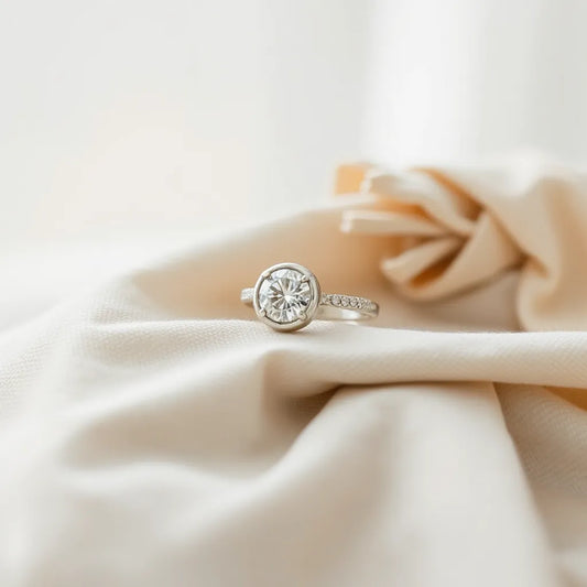 Bezel-set engagement ring with a diamond center resting on neutral fabric under soft natural light
