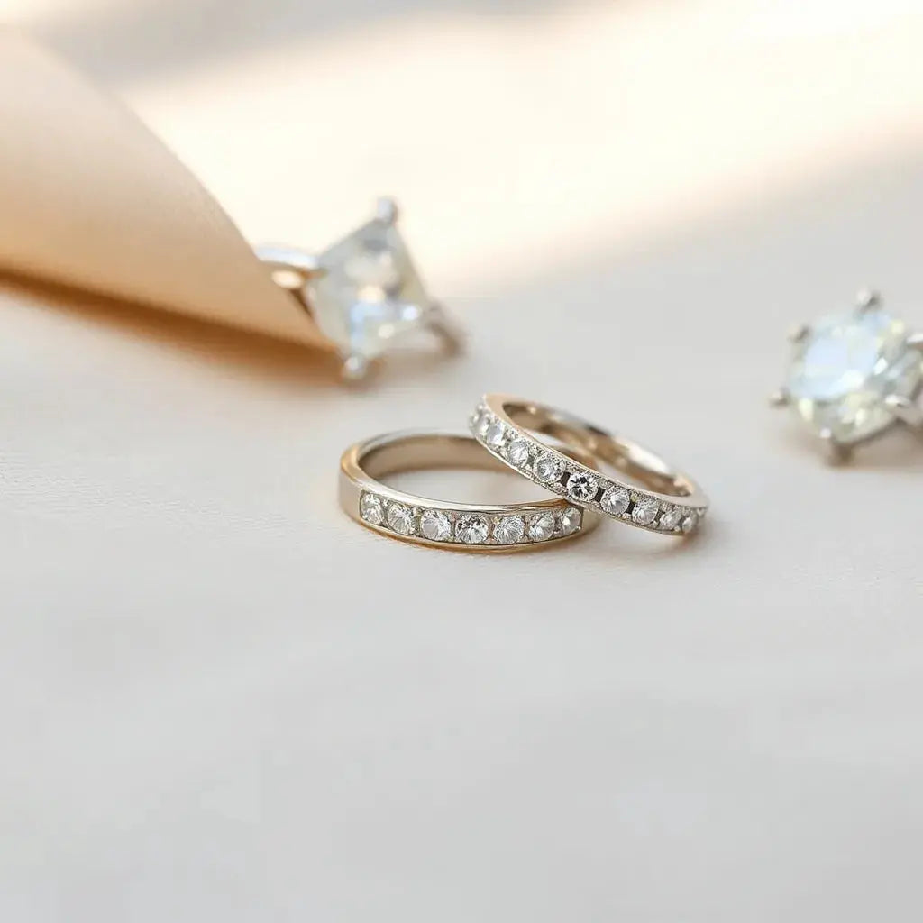 Sparkling pavé band diamond rings with closely set stones on a soft neutral fabric background