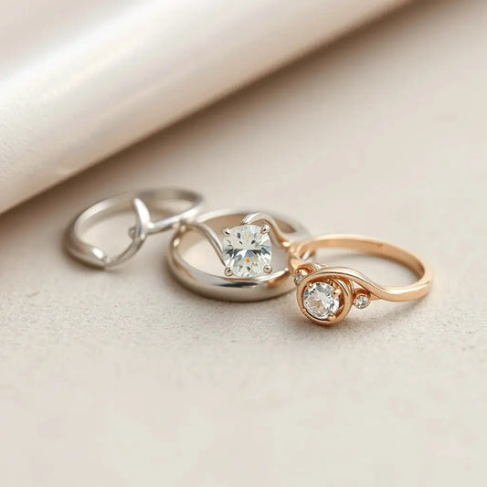 Three unique engagement rings with modern settings on a neutral studio background