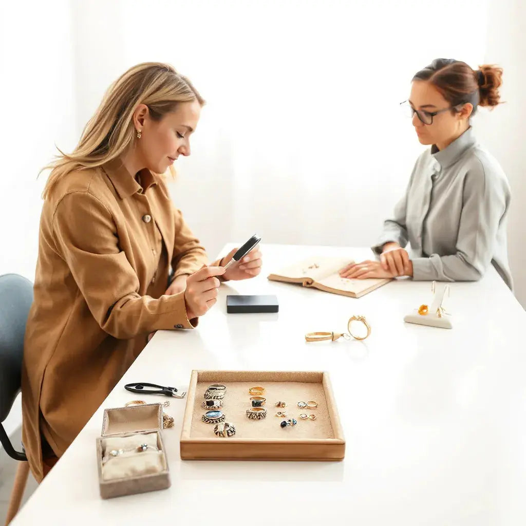 A jeweler reviews gemstones and jewellery samples during a consultation with a client in a bright studio