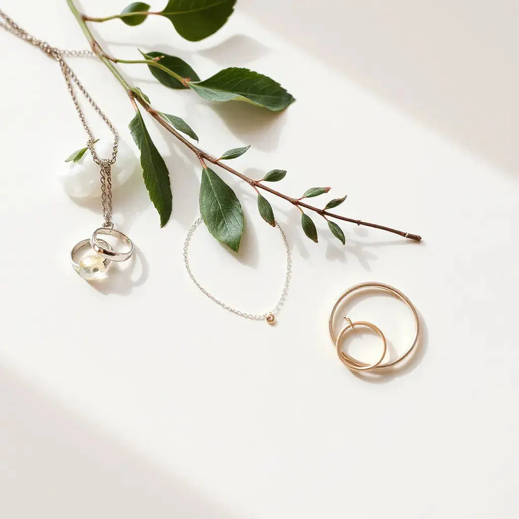 Delicate wedding necklace and matching earrings with bracelet and rings on a neutral background