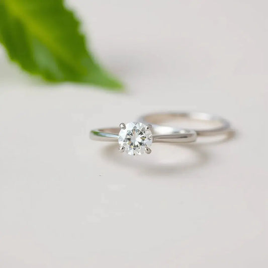 Classic solitaire diamond ring with a single round diamond on a simple prong setting against a light background