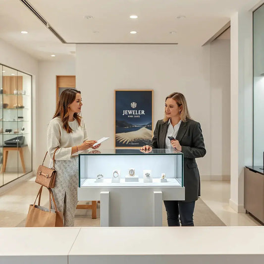 Shoppers discussing jewelry options with a jeweler in a modern store display area