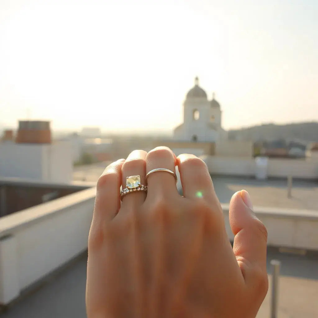 Delicate ring stack on a hand with a sunlit rooftop background