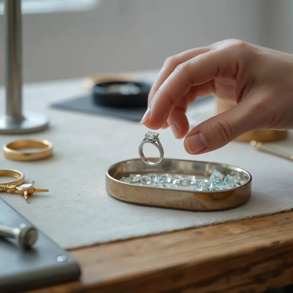 Custom engagement ring setting on a jeweller’s workbench with gemstones and tools nearby