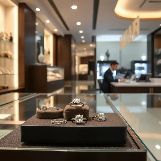 Customer browsing fine jewellery at a modern display case in a Melbourne shopping center