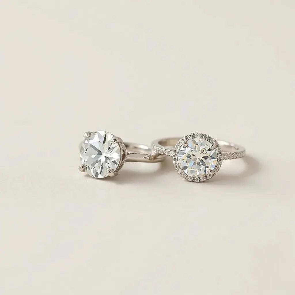 Two lab-grown diamond engagement rings with sparkling center stones on a neutral background