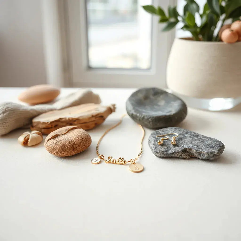 Gold necklace with an engraved name tag, initial charm bracelet, and minimalist drop earrings on a neutral background