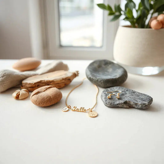 Gold necklace with an engraved name tag, initial charm bracelet, and minimalist drop earrings on a neutral background
