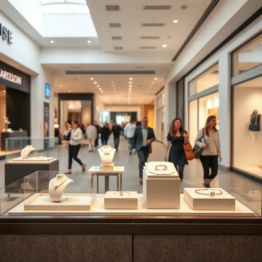 Jewellery display with rings and necklaces in a modern shopping centre, shoppers in the softly blurred background
