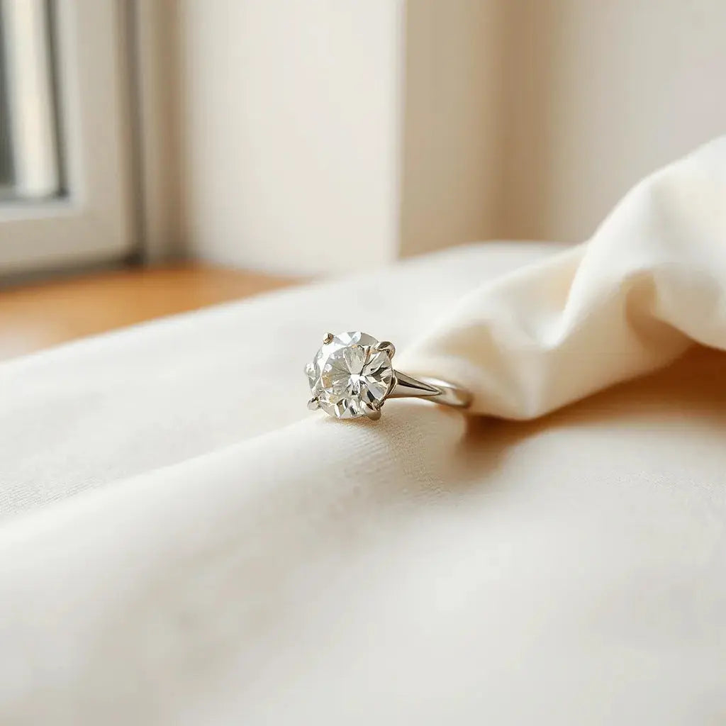 Two elegant diamond rings with a brilliant center stone resting on neutral fabric