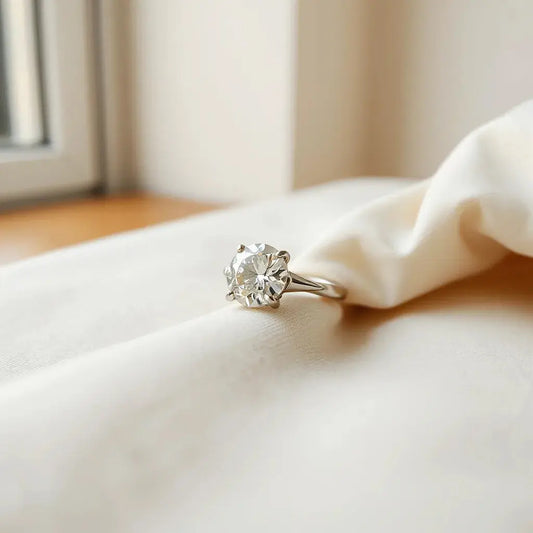 Two elegant diamond rings with a brilliant center stone resting on neutral fabric